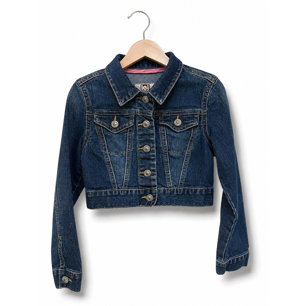 lei Girls Blue Denim Cropped Trucker Jacket Medium Wash Size M‎ 7/8